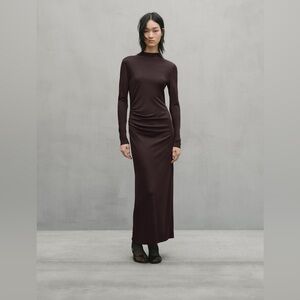 Massimo Dutti Dress Maxi GRAY Draped Neck Long Sleeve Quiet Luxury Size Small